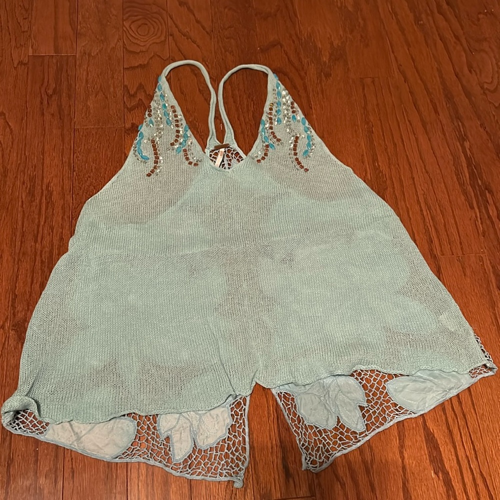 Free People Jeweled Tank w/ Open Back Flower Detail Blue Large